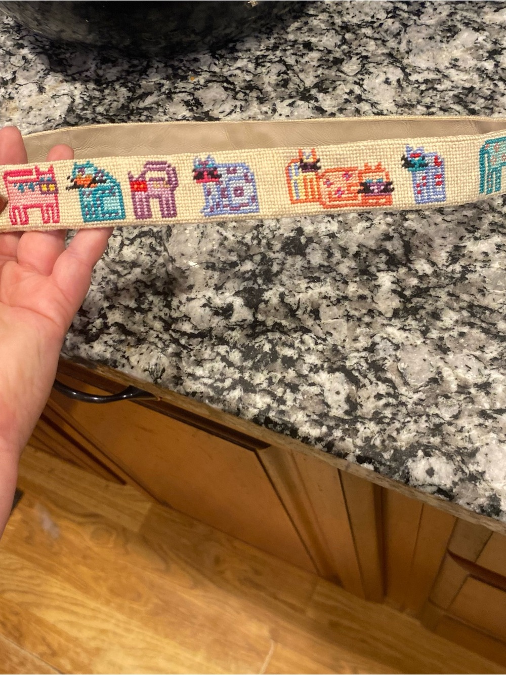 Vintage USA-Made Needlepoint Belt - Colorful Cats Motif - Size 32 Solid Brass